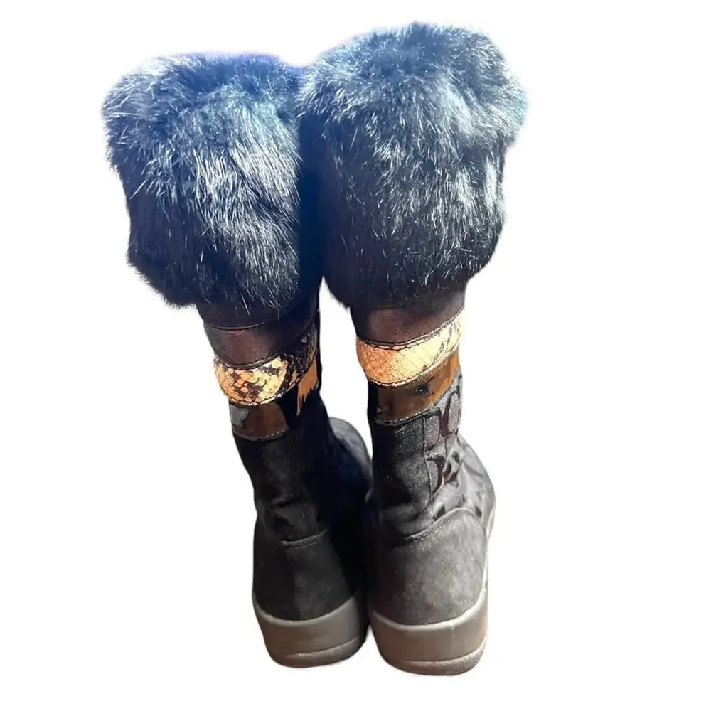 ▶️ Coach ◀️ Lorna Black Monogram Boots With Rabbit Fur Trim Size 7